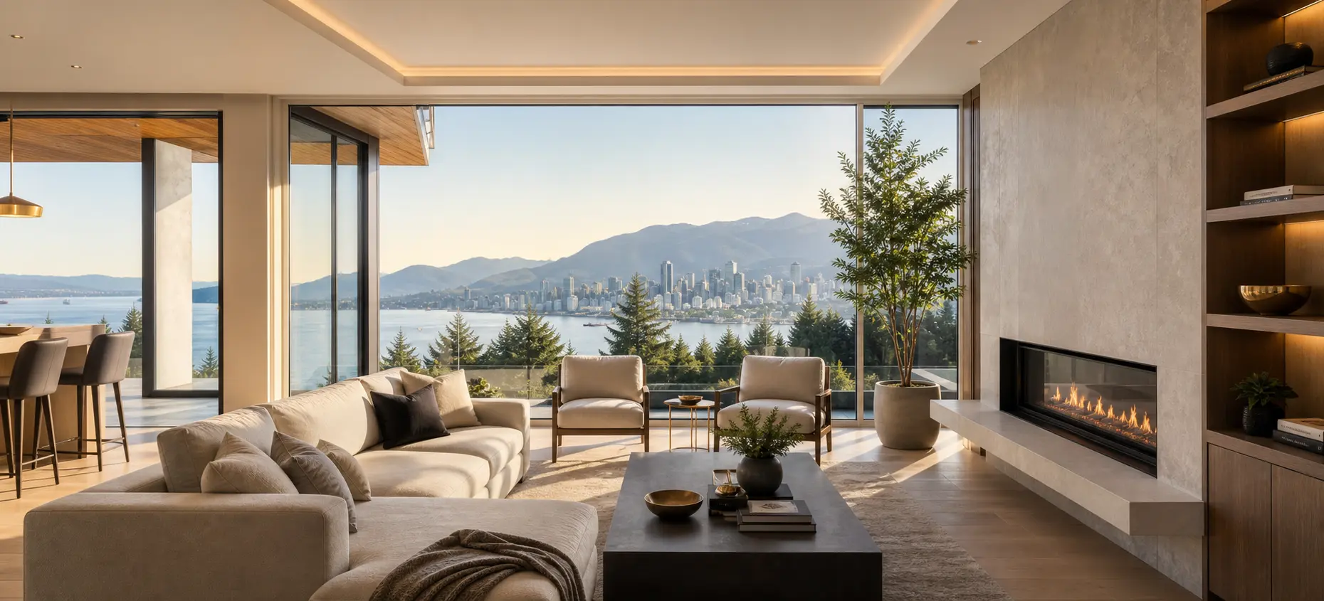West Coast living room with a view toward Vancouver and the water