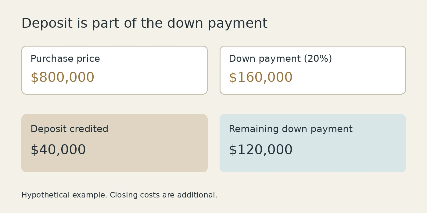 Deposit example: $40,000 credited toward a $160,000 down payment on an $800,000 purchase